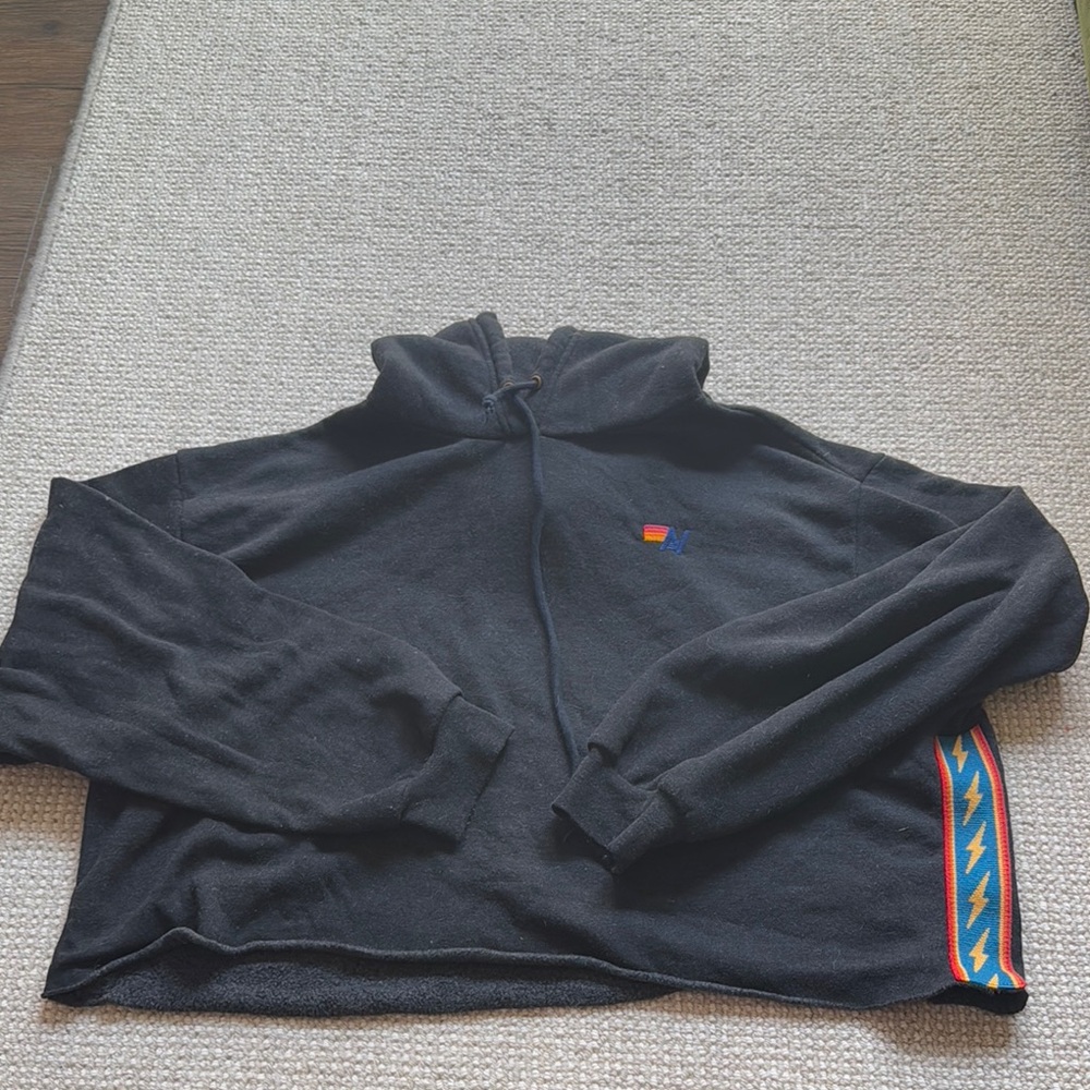 Aviator Nation Black cropped hoodie with lightning accents